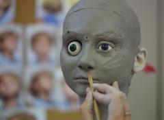 Clay portrait, eye size check. Special effects Fabrication, Fabricated body doubles
