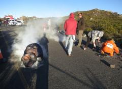 Fabricated meteorite, and crushed car. Fabrication and smoke, Cape Town