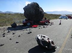 Fabricated meteorite, and crushed car. Fabrication and smoke, Cape Town