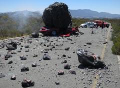 Fabricated meteorite, and crushed car. Fabrication and smoke, Cape Town